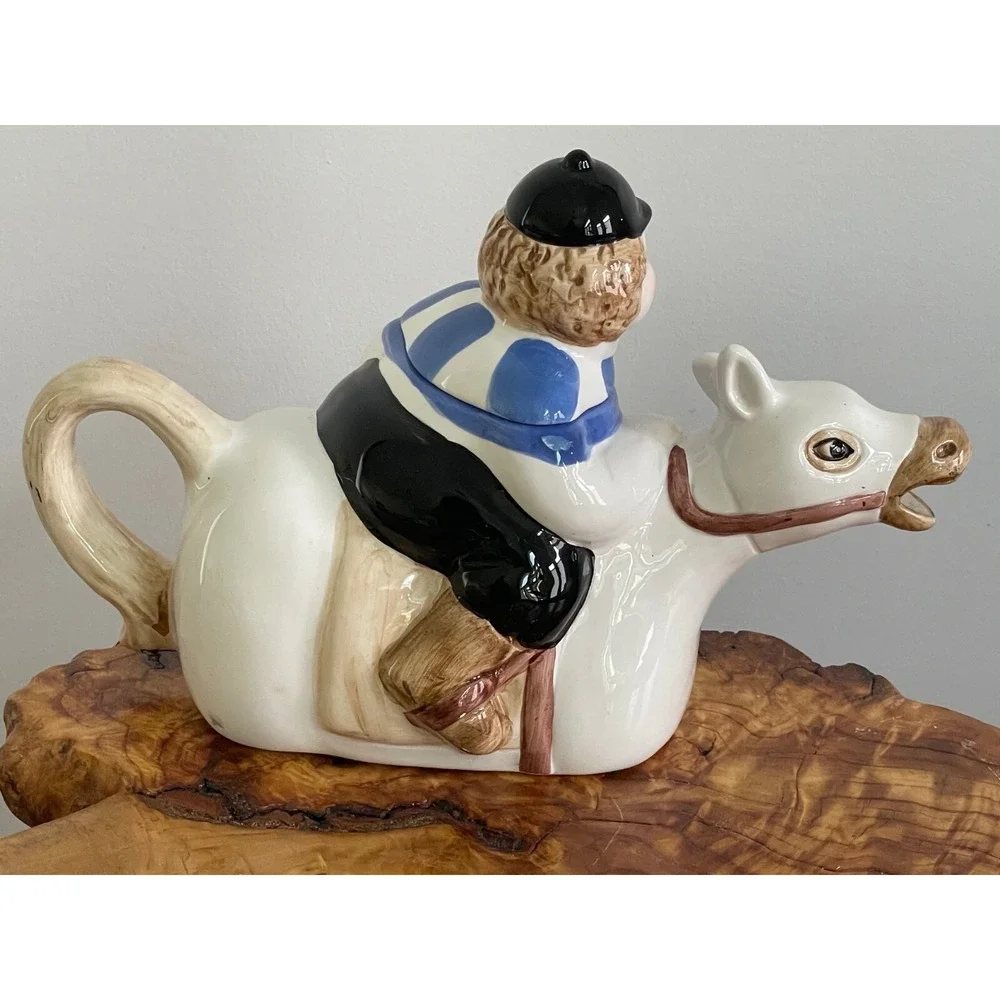 Vintage Jockey Riding Horse Teapot Hand Painted Myasaky Created Teapot 1990